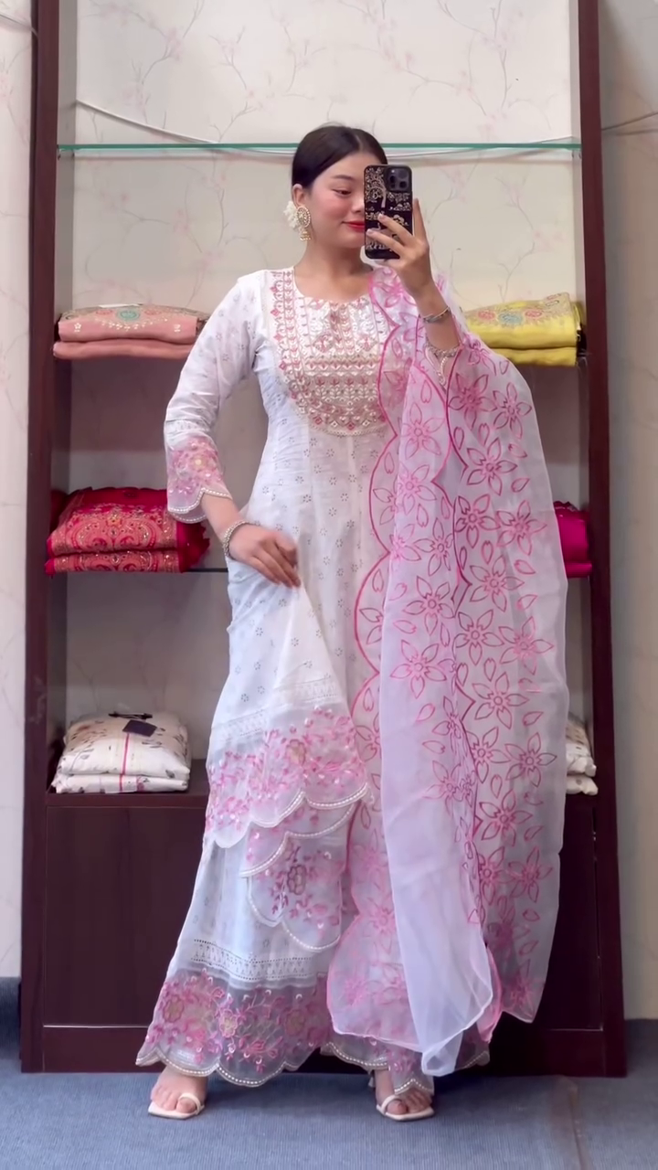 Embroidered Pure Cotton Round Neck Kurta & Sharara With Dupatta - image 3