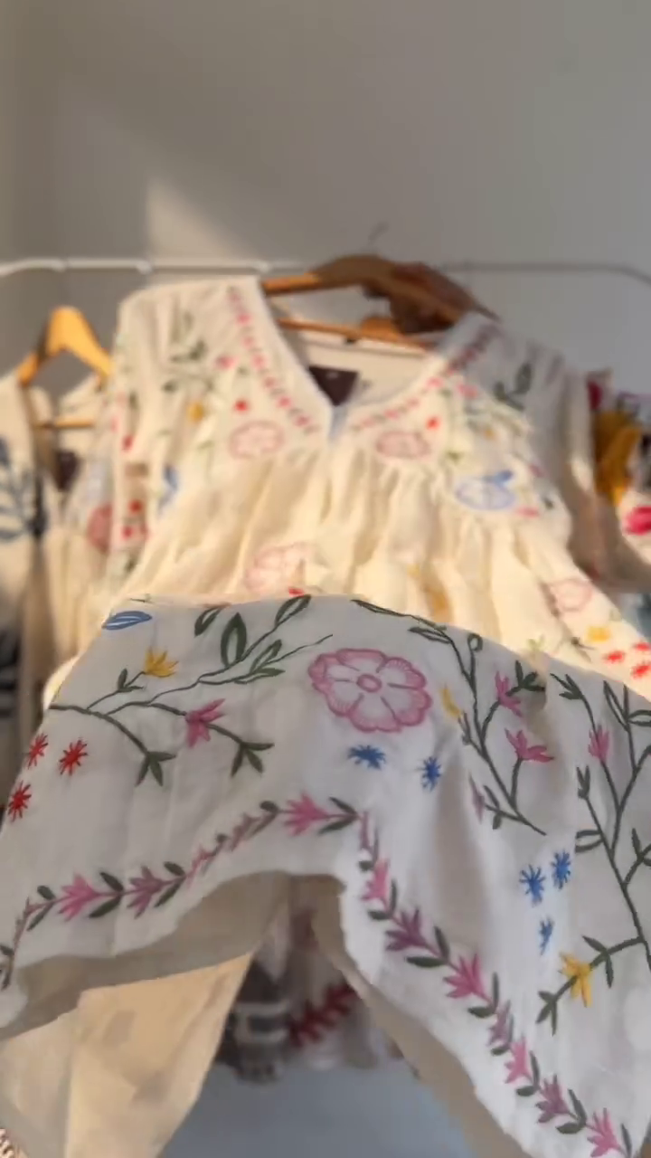 The Floral Embroidered V-Neck Puff Sleeves Cotton Empire Dress - image 3