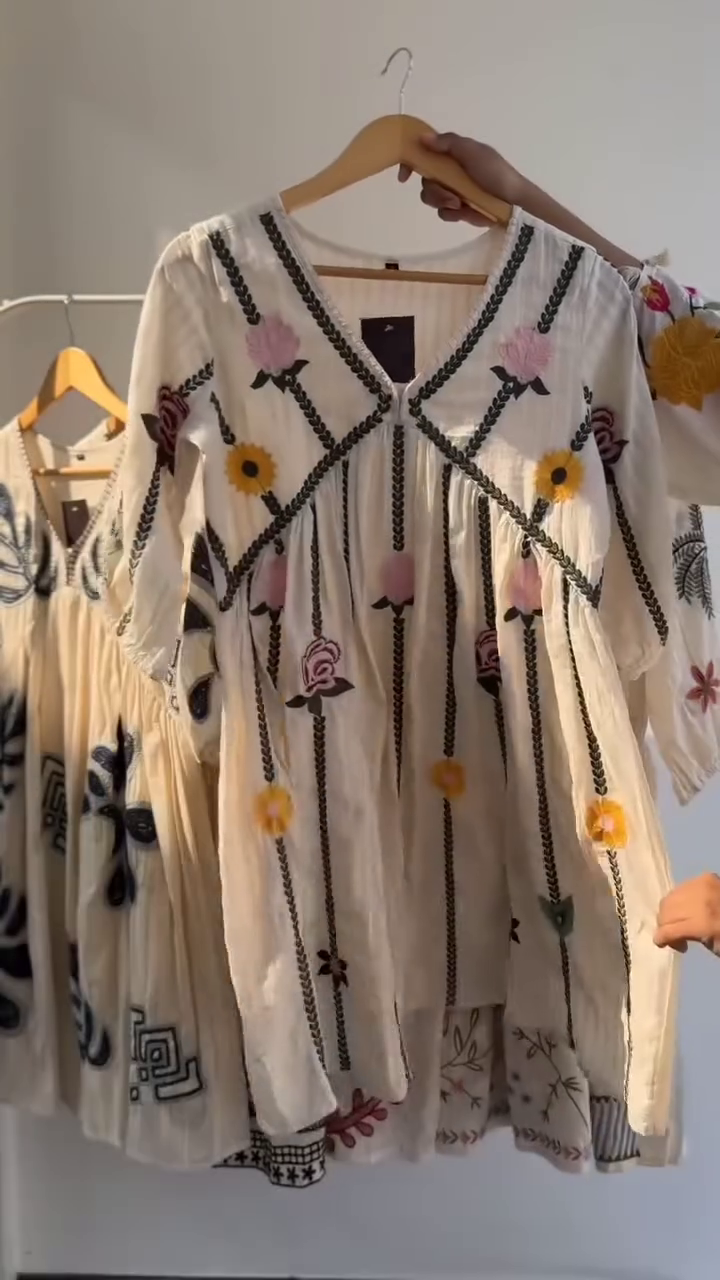 The Floral Embroidered V-Neck Puff Sleeves Cotton Empire Dress - image 7